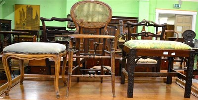 Lot 1419 - A George III style mahogany stool with blind fretwork legs and green upholstered seat; together...