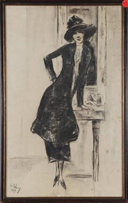 Lot 3 - Attributed to Leo Lesser Ury (1861-1931) German An elegant lady leaning on a ledge before a mirror