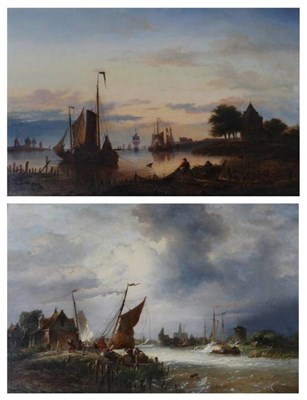 Lot 15 - Dutch School (19th century) Fishermen hauling in nets at dusk  Indistinctly signed, oil on...