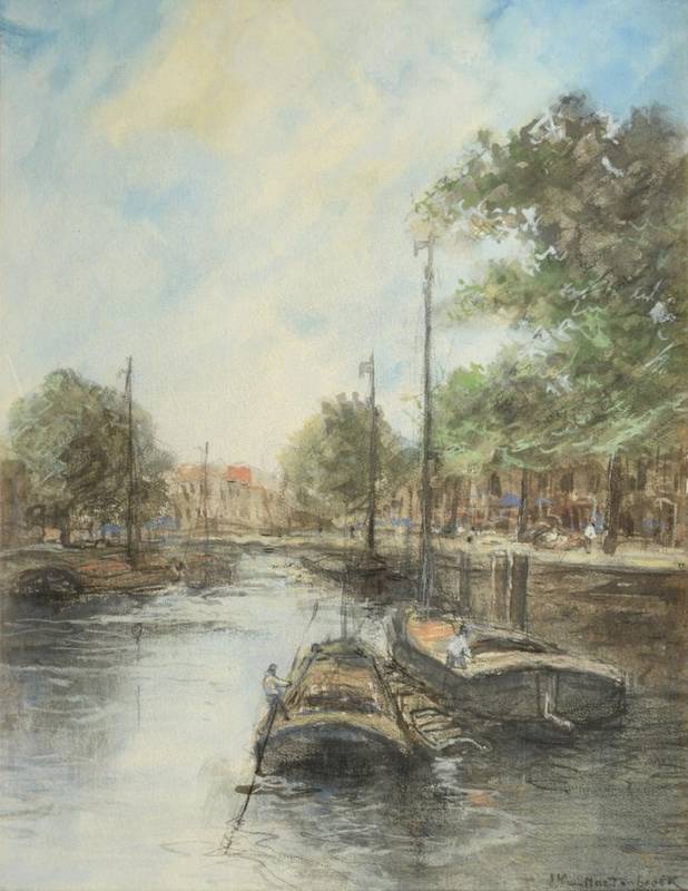 Lot 22 - Johan Hendrik van Mastenbroeck (1875-1945) Dutch  Canal boats Signed, pastel, 32cm by 25cm...