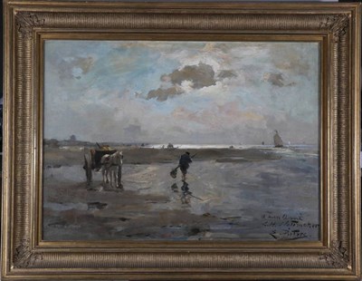 Lot 25 - Evert Pieters (1852-1932) Dutch Shrimpers on a shore  Signed and inscribed, oil on canvas, 59cm...