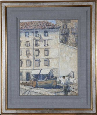 Lot 30 - Attributed to Willem Dooijewaard (1892-1980) Dutch Figure and boat on a shore before buildings...
