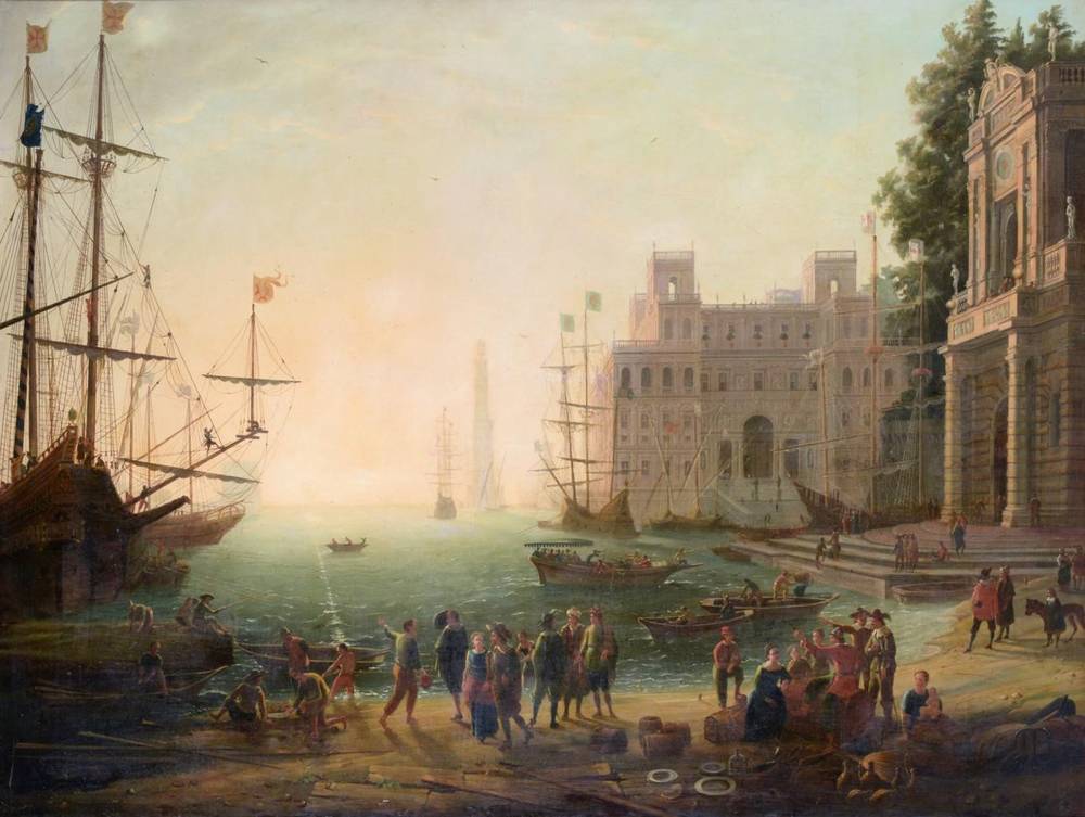 Lot 33 - After Claude Lorrain (1604/5-1682) French Capriccio of figures in a harbour before the Villa Medici