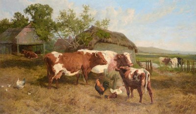 Lot 70 - Charles Collins RBA (1851-1921)  Cows before a barn  Signed and dated 1885, 64cm by 125cm...
