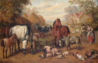 Lot 72 - Edward Benjamin Herberte (fl.1857-1893) Farmyard scene with courting couple Signed and dated...