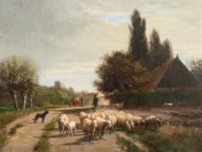 Lot 73 - Joseph Foxcroft Cole (1837-1892) American  A village scene with figures, shepherd and sheep...