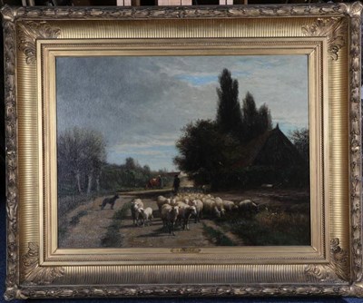 Lot 75 - Alexis de Leeuw (1848-1883) Belgian  A shepherd herding sheep through a winter landscape...