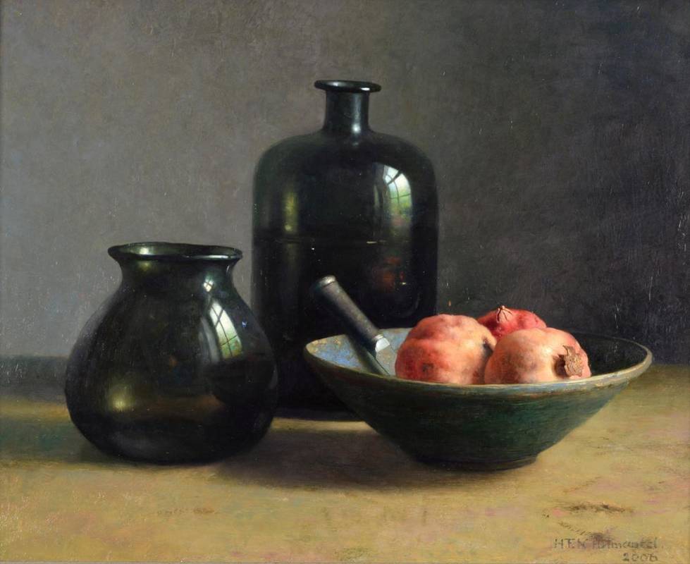 Lot 80 - Henk Helmantel (b.1945)  Dutch Glass vessels and a bowl of pomegranates Signed and dated 2006,...
