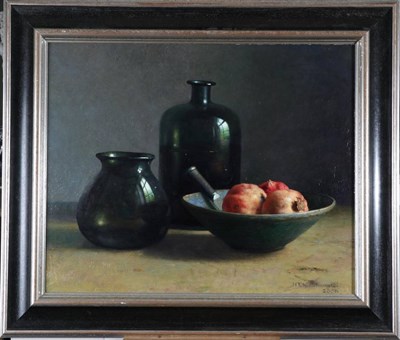 Lot 80 - Henk Helmantel (b.1945)  Dutch Glass vessels and a bowl of pomegranates Signed and dated 2006,...