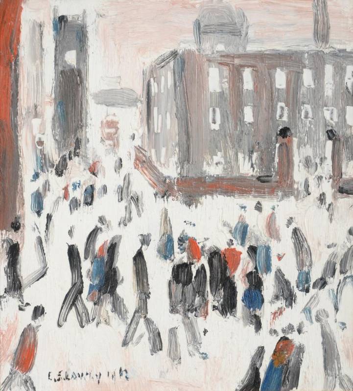 Lot 82 - Laurence Stephen Lowry RA (1887-1976) Street scene, factory gates Signed and dated 1962, oil on...