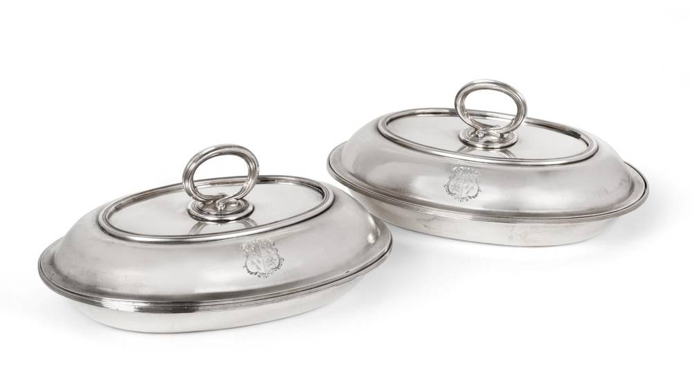 Lot 93 - A Pair of George III Silver Entree Dishes and Covers, John Emes, London 1801, oval with reeded...