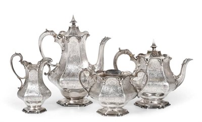 Lot 100 - A Victorian Silver Four Piece Tea and Coffee Service, Messrs Barnard, London 1847, of hexagonal...