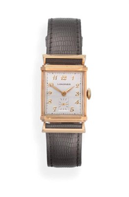 Lot 128 - A 14ct Gold Rectangular Wristwatch with Unusual Shaped Lugs, signed Longines, circa 1950,...