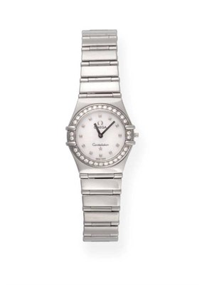 Lot 137 - A Lady's Stainless Steel Diamond Set Wristwatch, signed Omega, model: Constellation My Choice, ref
