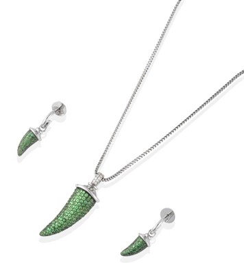 Lot 153 - An 18 Carat White Gold Tsavorite Garnet and Diamond 'Horn' Pendant and Earring Suite, by Theo...