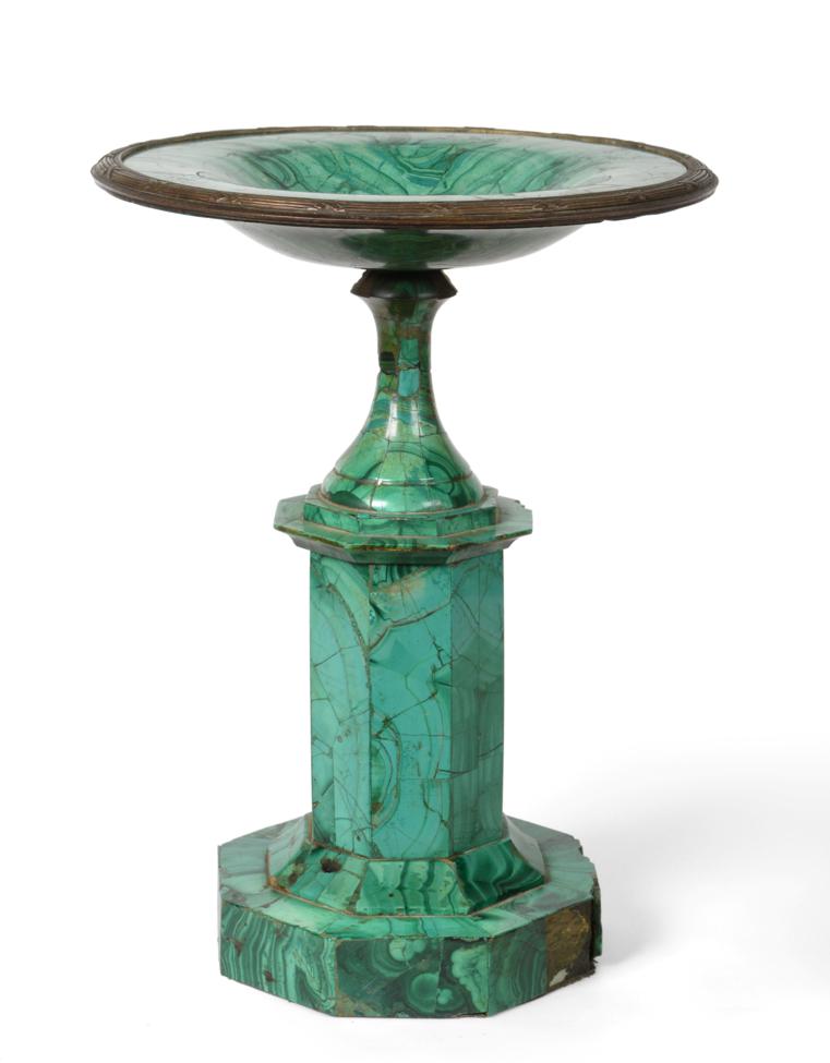 Lot 270 - A Malachite and Gilt Metal Tazza, 19th century, of dished circular form on a circular socle and...