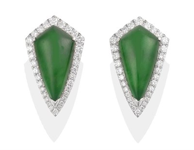 Lot 162 - A Pair of Jade and Diamond Cluster Earrings, kite-shaped cabochon jade in claw settings, within...