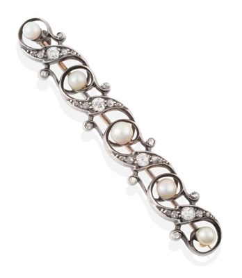 Lot 192 - A Pearl and Diamond Brooch, five graduated pearls within diamond set scrolls, total estimated...