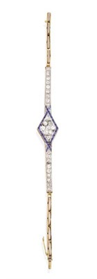 Lot 193 - An Art Deco Sapphire and Diamond Bracelet, a central lozenge-shaped cluster of old cut diamonds...
