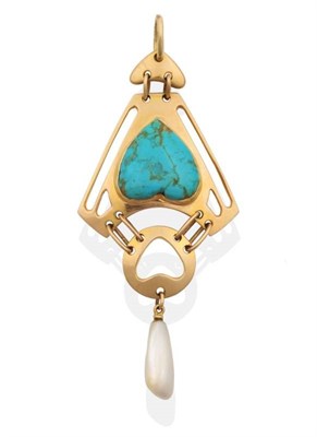 Lot 198 - An Art Nouveau Turquoise and Pearl Pendant, by Murrle Bennett & Co, a heart-shaped turquoise within