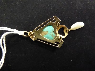 Lot 198 - An Art Nouveau Turquoise and Pearl Pendant, by Murrle Bennett & Co, a heart-shaped turquoise within