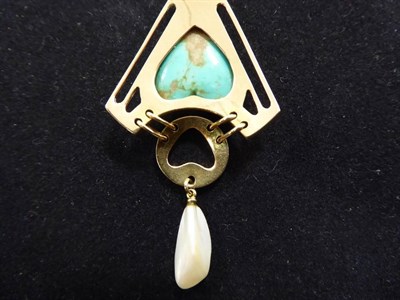 Lot 198 - An Art Nouveau Turquoise and Pearl Pendant, by Murrle Bennett & Co, a heart-shaped turquoise within