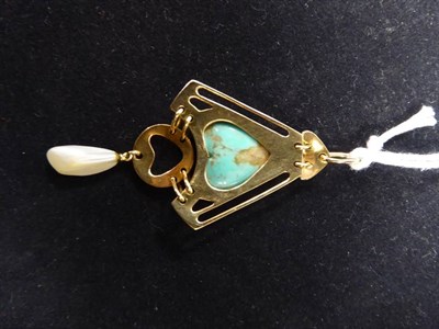 Lot 198 - An Art Nouveau Turquoise and Pearl Pendant, by Murrle Bennett & Co, a heart-shaped turquoise within