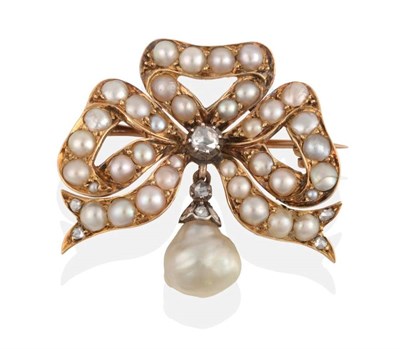 Lot 201 - A Victorian Pearl and Diamond Bow Brooch, a central rose cut diamond to a split pearl set bow...