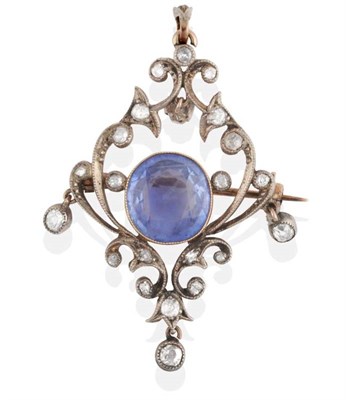 Lot 203 - A Circa 1890s Sapphire and Diamond Brooch/Pendant, a grain set round cut sapphire within an old cut