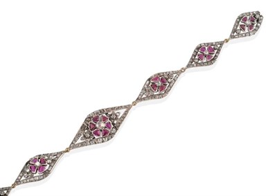 Lot 205 - A French Circa 1850s Ruby and Diamond Bracelet, graduated lozenge-shaped links with a central...