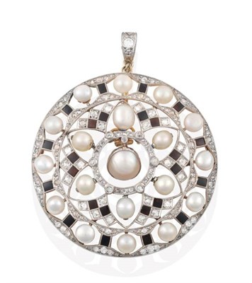 Lot 216 - A Circa 1915 Pearl, Diamond and Onyx Brooch/Pendant, a button pearl suspended within a large...