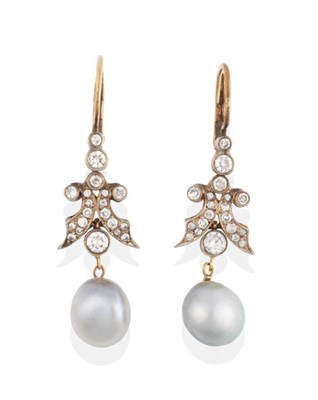 Lot 218 - A Pair of Natural Blister Pearl and Diamond Pendant Earrings, articulated round brilliant cut...