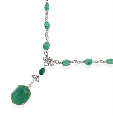 Lot 219 - A Circa 1930s Emerald and Diamond Necklace, a large oval cabochon emerald in a claw setting,...