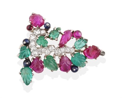 Lot 224 - A Circa 1925 Emerald, Ruby, Sapphire and Diamond Tutti Frutti-style Brooch, of carved emerald...