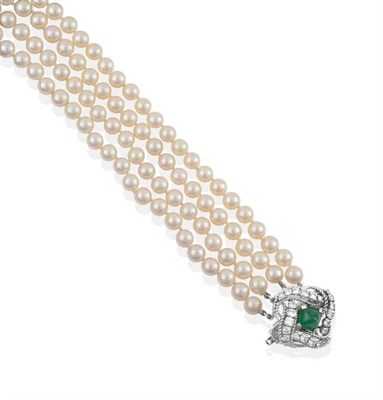Lot 250 - A Cultured Pearl, Emerald and Diamond Adaptable Bracelet, by Mauboussin, four rows of uniform...