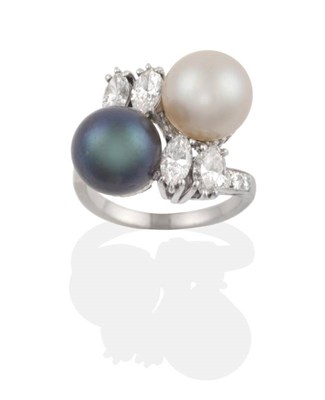 Lot 252 - A Cultured Pearl and Diamond Crossover Ring, a black and a white cultured pearl and four...