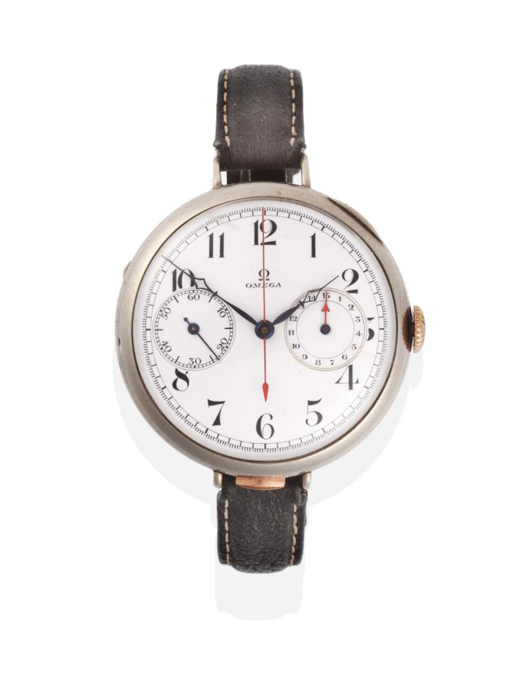Lot 325 - A Very Rare Early Oversized Single Push Chronograph Aviator's Wristwatch, signed Omega, ref:...