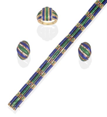 Lot 288 - An Enamel Necklace, Ring and Earring Suite, the bracelet of three rows of alternating blue and...
