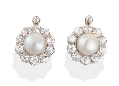 Lot 291 - A Pair of Cultured Pearl and Diamond Cluster Earrings, button pearls within borders of old cut...