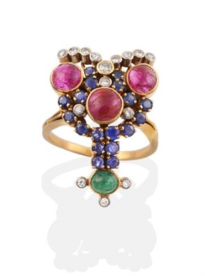 Lot 294 - An Unusual Multi-Gemstone Dress Ring, three round cabochon rubies and a round cabochon emerald...