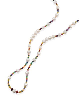 Lot 296 - A Multi-Gemstone and Cultured Pearl Necklace, faceted sphene, emerald, ruby, yellow sapphire...