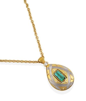 Lot 303 - An 18 Carat Gold Green Tourmaline and Diamond Pendant, on Chain, by Graham Stewart, a cushion...