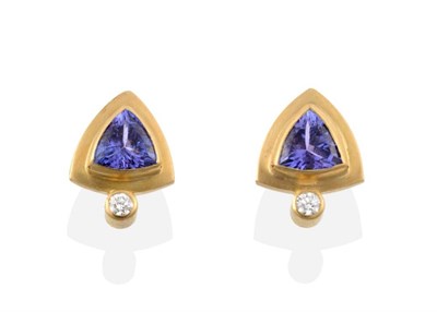 Lot 305 - A Pair of 18 Carat Gold Tanzanite and Diamond Earrings,Â by Graham Stewart, trilliant cut tanzanite