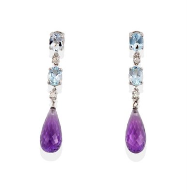 Lot 316 - A Pair of Aquamarine, Amethyst and Diamond Pendant Earrings, oval cut aquamarine spaced by...