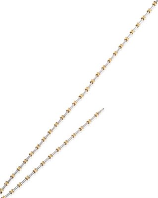 Lot 318 - An 18 Carat Gold Diamond Necklace and Bracelet Suite, of diamond set white gold bar links spaced by