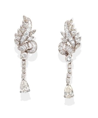 Lot 319 - A Pair of Diamond Pendant Earrings, scroll motifs set with marquise and round brilliant cut...