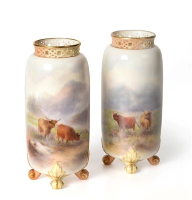 Lot 342 - A Pair of Royal Worcester Porcelain Vases, by Harry Stinton, 1906, of rounded cylindrical form with