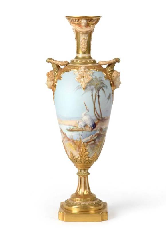 Lot 343 - A Royal Worcester Porcelain Urn Shaped Vase, by Walter Powell, 1910, with mask handles, painted...