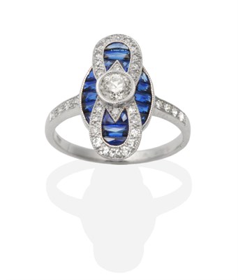 Lot 349 - An Art Deco Style Sapphire and Diamond Plaque Ring, an old cut diamond within a plaque of...