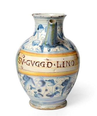 Lot 347 - A Monteloupo Maiolica Wet Drug Jar, late 16th/early 17th century, of ovoid form with straight spout